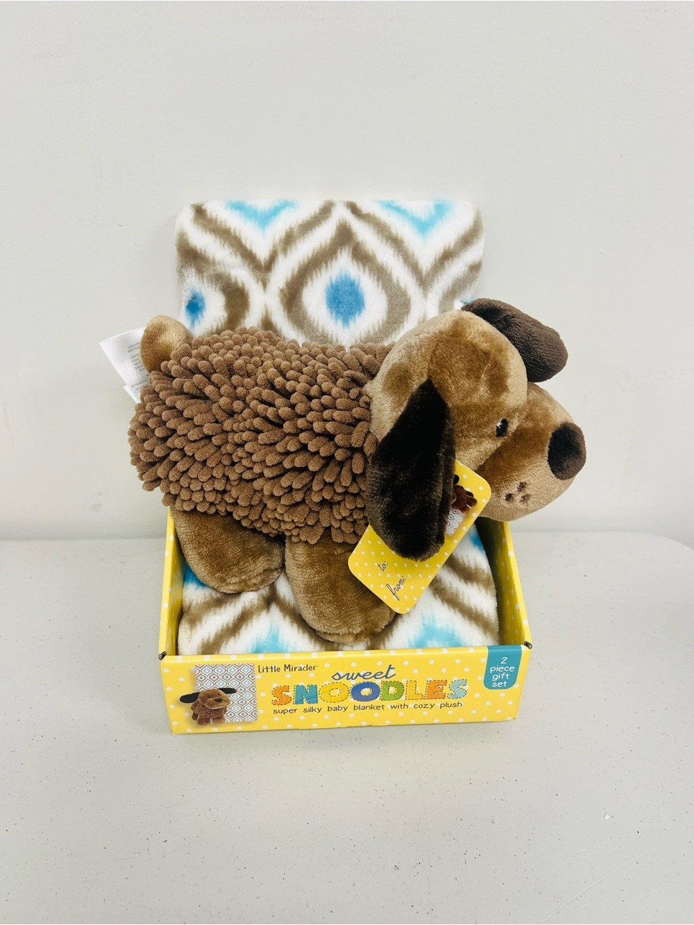 Sweet Snoodles Brown Plush Puppy with Blue & White Baby Blanket